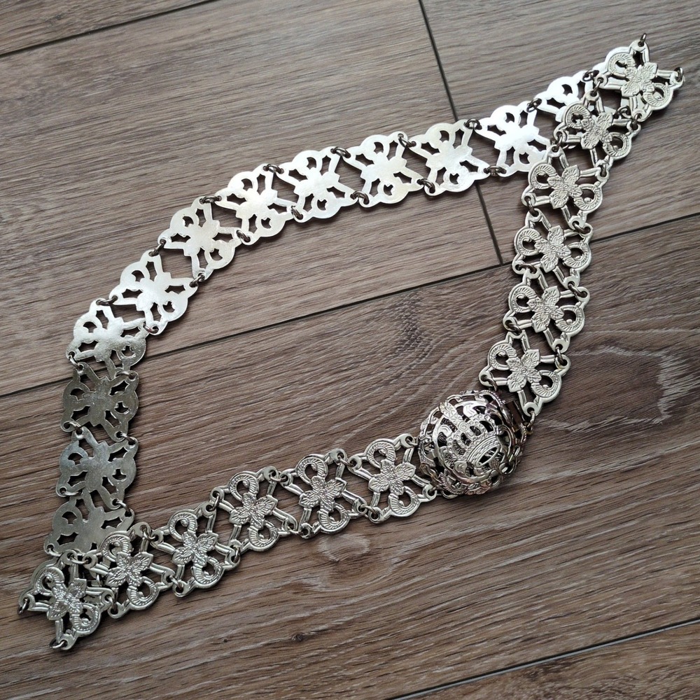 Vintage English Nurses Silver Plate? Chain Belt Filigree Crown Floral Metal
